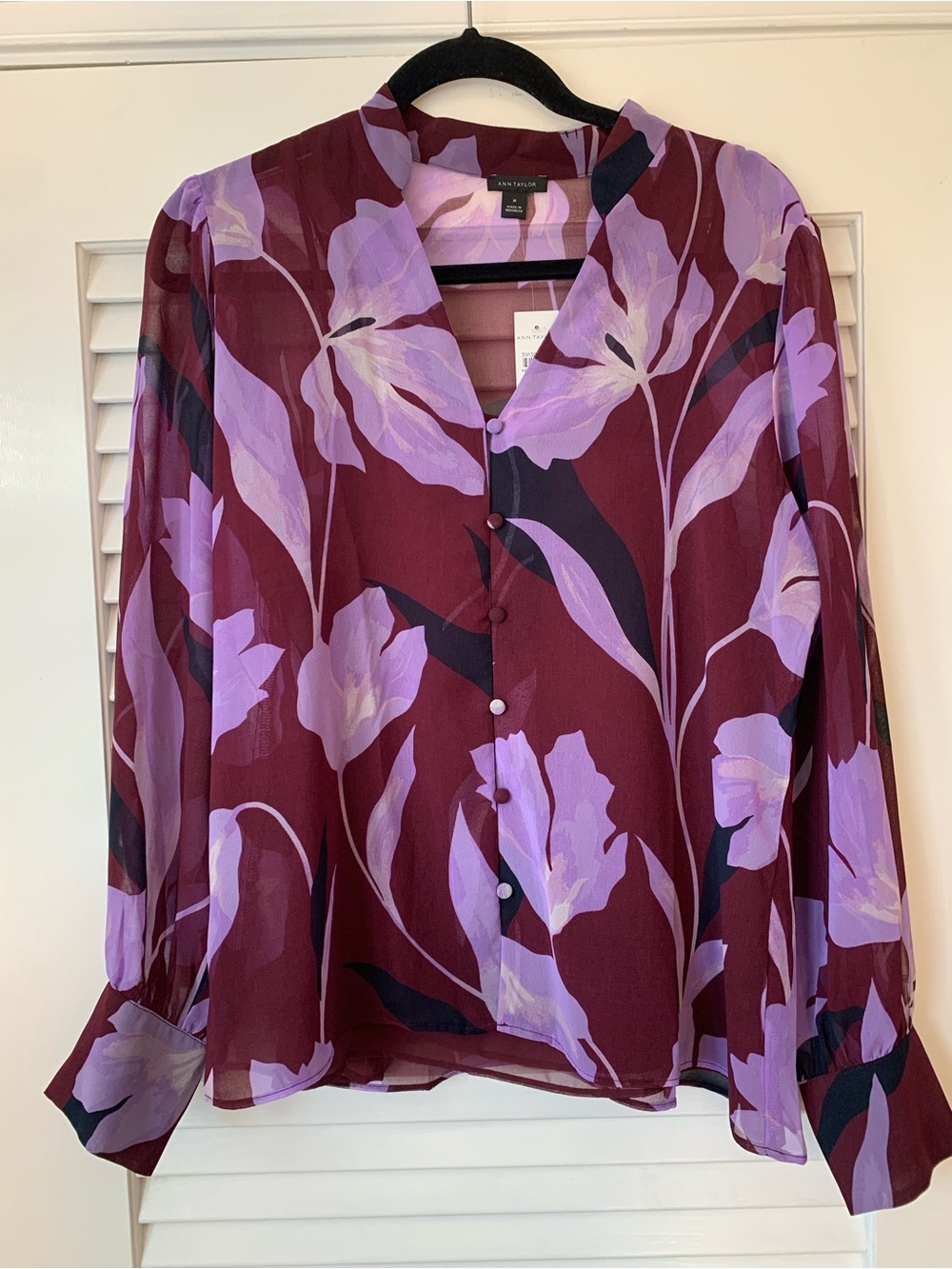 Ann Taylor Burgundy Blouse with Lavender Floral Print